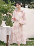 KYLETHOMASW  -  Elegant Party Long Dresses Spring Fairycore Dress Pink Bow Lace-up French Style Square Neck Fairy Dresses Female Cloting New