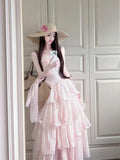KYLETHOMASW  -  French Sweet Kawaii Pink Polka Dot Lace Bow Tiered Cami Maxi Dress For Women Girls High Waist Princess Vacation Party Daily Wear
