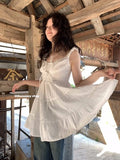 KYLETHOMASW  -  Fashion Sweet Off Shoulder White Dress for Women 2025 Summer New Sleeveless Lace Up Y2k High Waist A-line Short Dresses