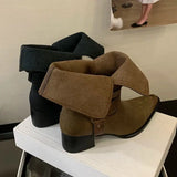 KYLETHOMASW  -  Black Chunky Heels Ankle Boots Woman Pointed Toe Rivet Fall Shoes Belt Buckle Western Style Cowboy Boots Zapatos Mujer