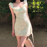 KYLETHOMASW  -  French Sweet Mint Green Floral Dress for Women Summer New Style Stunning Small Flying Sleeves Lace Waist Skirt