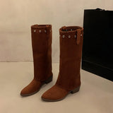 KYLETHOMASW  -  Fashion Vintage Thick Heel Women Western Cowboy Boots Button Combination Splicing Shoes Autumn Winter Ladies Pipe Long Booties