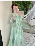 KYLETHOMASW  -  French Vintage Summer Green Elegant Sexy Evening Party Long Dress Women Sleeveless Backless Vacation Ruffles Slip Fairy Dress