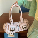 KYLETHOMASW  -  Vintage Pink Handbag Women Oil Wax Leather Multi Pocket Belt Buckle Design Underarm Bag Ladies Trendy Y2k Hot Girl Shoulder Bags