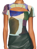 KYLETHOMASW  -  Floral Printed Mesh T-Shirts Tops Sheer Sexy Chic Hollow Out Backless Elastic Women Slim Ladies Y2k Cute Mesh Top Tshirts