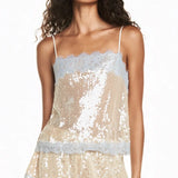 KYLETHOMASW  -  Women's Lace Trim Sequin Tank Top Spaghetti Straps Sparkly Cami Top Scallop Hem Rave Outfits  ﻿