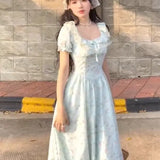 KYLETHOMASW  -  Summer French Sweet Floral Dress Women Puff Sleeve Slim Fit Lace Trim Waist Cinching Elegant Unique Design New Style Aesthetic