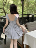 KYLETHOMASW  -  2024 Summer New Women's Gray High Waist Vacation Backless Slip Mini Dress Sexy Club Sleeveless Pleated Short Dress Fashion Trend