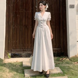 KYLETHOMASW  -  Summer French Style Dress for Women V Neck Short Sleeve Lace Trim Slim Fit Waist A Line Long Dress Elegant Flattering Design
