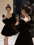 KYLETHOMASW  -  French Vintage Velvet Evening Robe for Women Autumn Diamonds Long Sleeve High Waist Mini Dresses Birthday Party Prom Clothing