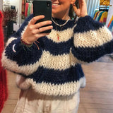 KYLETHOMASW  -  Women Autumn Winter Loose Fit Knitwear Jumpers Vintage Striped Fuzzy Knitted Sweater Casual Boat Neck Long Sleeve Pullover Tops
