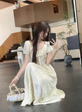 KYLETHOMASW  -  Women Summer Vintage Sweet Chic High Waist Elegant Party Dresses Fairy Solid Short Sleeve Slim Lace-up Beach Maxi Dress Vestidos