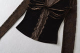 KYLETHOMASW  -  Velvet Lace Patchwork V-neck Long Sleeve T-shirt Autumn  New Style Women Comfortable Casual Fashionable T-shirt Top