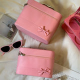 KYLETHOMASW  -  Pink Bow PU Leather Makeup Bag Alloy Handle Portable Skincare Product Storage Box Waterproof Large Capacity Handheld Makeup Case