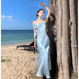 KYLETHOMASW  -  Elegant French Seaside Vacation Dresses Premium Swing Neck Double Layer Split Suspender Engagement Dress Vestido