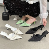 KYLETHOMASW  -  New Butterfly-knot Women Slipper Summer Pointed Toe  Slip on Ladies Mules Thin Low Heel Satin Slide Sandals Zapatos Mujer