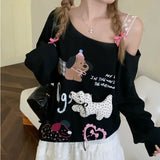 Kylethomasw Vintage Cartoon Print Loose Casual Long Sleeve T-shirt Women 2024 Autumn New High Street Contrast Color Lace Patchwork Sexy Tops