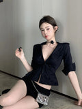 KYLETHOMASW  -  Sexy Black Slim Cropp Blouse Women Turn Down Collar Chic Solid Commuter Shirt Three Quarter Sleeve Street Fashion Deep V Hot Top