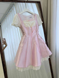 KYLETHOMASW  -  Sweet Lolita Mini Dress Women Pearl Lace Trim Bowknot Puff Sleeve High Waist Ruffle Princess Kawaii Japanese Fashion Daily Wear