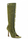 KYLETHOMASW  -  Fashion Retro Style Green Denim Stiletto Heel Knee Boots Full Button Placket Tall Shaft Open Toe Design Casual Boots for Daily