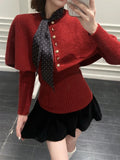 Kylethomasw Vintage Red Poncho Sweater Women Ribbed Knitwear Two-Piece Set Pullover Korean Cutecore Long Sleeve Christmas Clothes