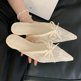 KYLETHOMASW  -  Fashion Butterfly-Knot Mesh Women Flats Slippers Mules Shoes Female Slides Pointed Toe Ladies Flats Slippers Sandals Shoes