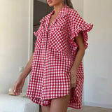 KYLETHOMASW  -  Office Single-Breasted Shirts Elegant Plaid High Waist Shorts With Button Up Shirts 2 Piece Set Street Chic Outfits Summer