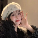 KYLETHOMASW  -  K-pop Girls Group  Rhinestone Rabbit Hair Beret Women's Autumn/Winter Plush White Knitted Beret Fashion FemaleTrendy Accessories