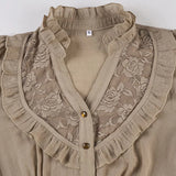 KYLETHOMASW  -  Vintage Lace Shirts Women Y2K Harajuku Ruffles Bow Bandage Blouses Streetwear V Neck Puff Long Sleeve Slim Design Tops New