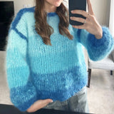 KYLETHOMASW  -  Women Autumn Winter Loose Fit Knitwear Jumpers Vintage Striped Fuzzy Knitted Sweater Casual Boat Neck Long Sleeve Pullover Tops