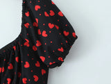 KYLETHOMASW  -  French Retro Black Print Bow Square Collar Short Elastic Puff Dress Women Zipper Back Slim Waist Slit Hem Mini Dresses Robe Blue