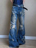 KYLETHOMASW  -  Heavy Flare High Waist Slim Denim Jeans Women All-match Streetwear Hip Hop Vintage Pants Hole Personalized Fashion Sweatpants