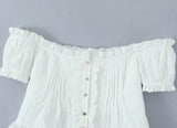 KYLETHOMASW  -  Sexy Off Shoulder White Cropped Shirt Women Front Button Short Sleeve Cotton Summer Blouse Sweet Tops New