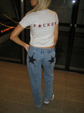 KYLETHOMASW  -  Y2K Star Patch Jeans Women High Waist Floor Length Denim Pants Retro Streetwear Embellished Gothic Punk Party Trousers