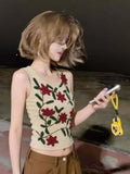KYLETHOMASW  -  Korean Style Flower Embroidery Fashion Casual Women's Simple Atmospheric Versatile Sleeveless Slim Fit Short Tank Top