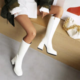 KIylethomasw Mint Green White Women Patent Leather Knee High Boots Square High Heels Waterproof Platform Ladies Sexy Party Fetish Shoes 42 43