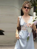 KYLETHOMASW  -  Woman Chic Casual Light Blue Satin Lace Mini Dress Sexy V-neck Tie Front Sleeveless Slip Dresses New Party Club Vestidos
