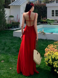 KYLETHOMASW  -  Women's Solid Backless Long Dresses Sexy Spaghetti Strap Halter Lace-up Wedding Evening Party Dress French Style A-line Vestidos