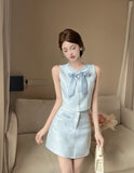 KYLETHOMASW  -  Elegant Skirt Set Women's Summer Bow Tweed Vest High Waist Mini Skirt Two-piece Set Fashion Female Clothes