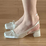 KYLETHOMASW  -  Elegant satin bow square-toed open-back sandals for women, spring collection, gentle elastic strap high-heeled shoes