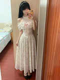 KYLETHOMASW  -  Japanese Kawaii Sweet Halter Neck Off Shoulder Floral Print Chiffon Lace Ruffle Bow Maxi Dress For Women Girls Daily Party Wear
