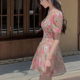 KYLETHOMASW  -  Women Square Neck Floral Printed Forest French Style Dress Summer New Fresh Fairy Pink Puff Sleeve Dresses Female