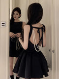 KYLETHOMASW  -  Korean Elegant Romantic Pearl Chain Backless Lace up Princess Mini Dresses Sweet A Line Dress Birthday Evening Party Clothes