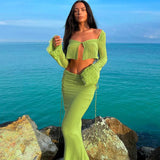 Kylethomasw New Female Blouse Gradient Color Long-sleeved Sexy Blouse Hanging Neck Halter Contrast Color long Skirt Two-piece Suit Elegant