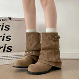 KYLETHOMASW  -  Winter Pleated Women Western Ankle Boots Fashion Rivet Belt Buckle Shoes Ladies Concise Vintage Thick Heel Short Booties