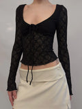 KYLETHOMASW  -  French Lace Patchwork V Neck Long Sleeve Slim Solid Y2k Streetwear Knitted T-Shirts