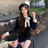 KYLETHOMASW  -  Autumn Winter Miu Style Korean Drama Inspired Dress Set High Fashion Mini Skirt Full Sleeve Princess Sleeve Scarf Collar Women's