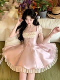 KYLETHOMASW  -  Sweet Lolita Mini Dress Women Pearl Lace Trim Bowknot Puff Sleeve High Waist Ruffle Princess Kawaii Japanese Fashion Daily Wear
