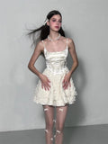 Kylethomasw Y2K Short Dresses for Women Summer New High Waist White Lace Party Spaghetti Strap Streetwear Korean Ruffles A-line Mini Vestido