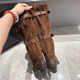 KYLETHOMASW  -  Vintage Pleated Belt Buckle Faux Suede Women Knee High Boots Autumn Winter Fashion High heels Western Cowboy Knight Boots Shoes